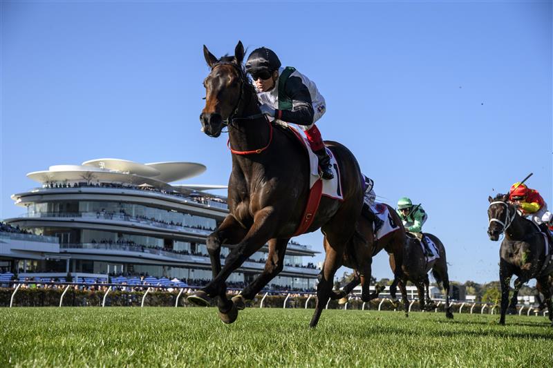 MELBOURNE, AUSTRALIA - SEPTEMBER 16: Craig Williams riding Mr Brightside winning Race 7, the Pfd Food Services Makybe Diva Stakes, during Melbourne Racing at Flemington Racecourse on September 16, 2023 in Melbourne, Australia. (Photo by Vince Caligiuri/Getty Images)