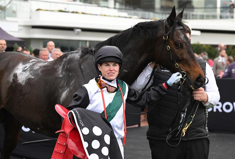 MELBOURNE, AUSTRALIA - SEPTEMBER 13: Craig Williams and  Mr Brightside after winning Race 8, the Crown Makybe Diva Stakes during Melbourne Racing at Flemington Racecourse on September 13, 2025 in Melbourne, Australia. (Photo by Vince Caligiuri/Getty Images)