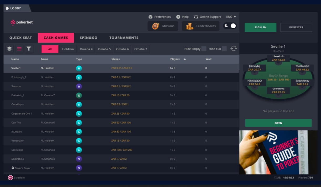Pokerbet Cash Games Lobby All