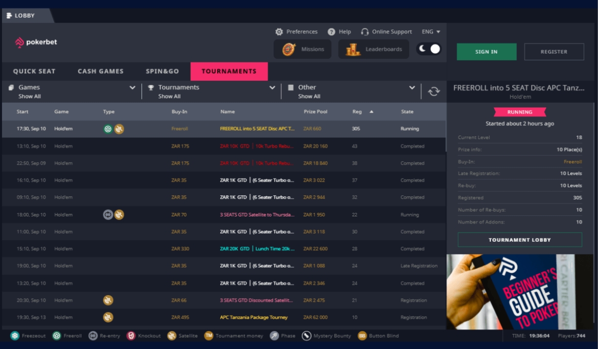 Pokerbet Tournaments Lobby