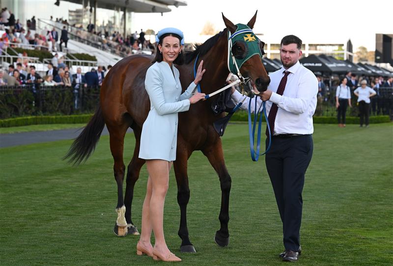 MELBOURNE, AUSTRALIA - SEPTEMBER 12: Co trainer Katherine Coleman poses with Sheza Alibi after winning race 8, the Crown Makybe Diva Stakes during Melbourne Racing at Flemington Racecourse on September 12, 2026 in Melbourne, Australia. (Photo by Vince Caligiuri/Getty Images)