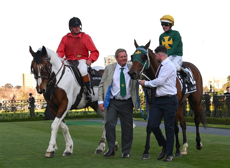 MELBOURNE, AUSTRALIA - SEPTEMBER 12: Owner Fred Noffke walks beside Luke Nolen riding Sheza Alibi after winning race 8, the Crown Makybe Diva Stakes during Melbourne Racing at Flemington Racecourse on September 12, 2026 in Melbourne, Australia. (Photo by Vince Caligiuri/Getty Images)