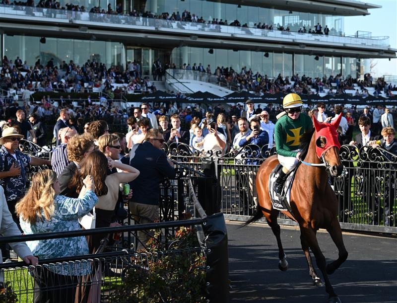 MELBOURNE, AUSTRALIA - SEPTEMBER 12: Luke Nolen riding Sheza Alibi on way to the gates before winning race 8, the Crown Makybe Diva Stakes during Melbourne Racing at Flemington Racecourse on September 12, 2026 in Melbourne, Australia. (Photo by Vince Caligiuri/Getty Images)