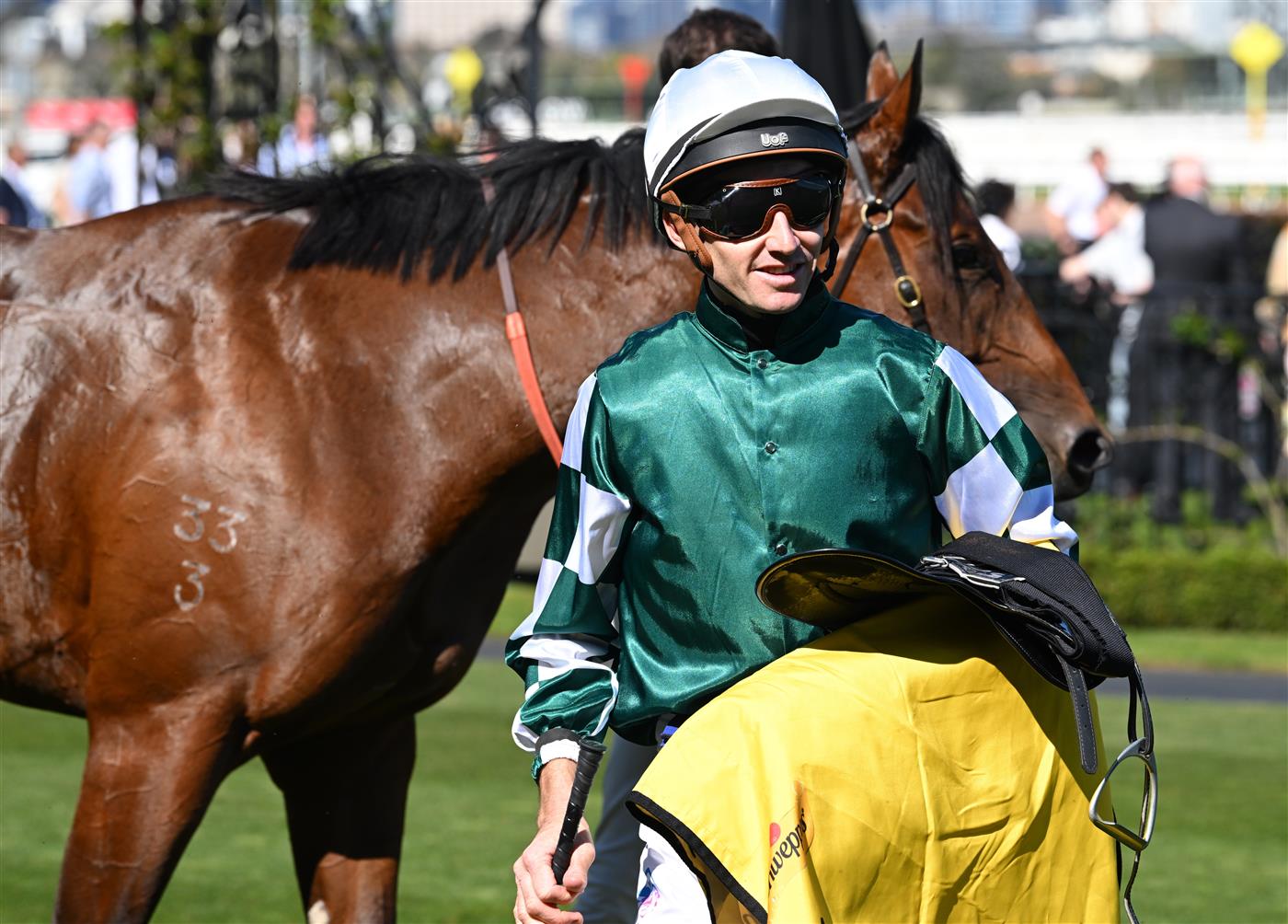 MELBOURNE, AUSTRALIA - SEPTEMBER 12: Jason Collett after riding Paradoxium to win race 4, the Schweppes Poseidon Stakes during Melbourne Racing at Flemington Racecourse on September 12, 2026 in Melbourne, Australia. (Photo by Vince Caligiuri/Getty Images)