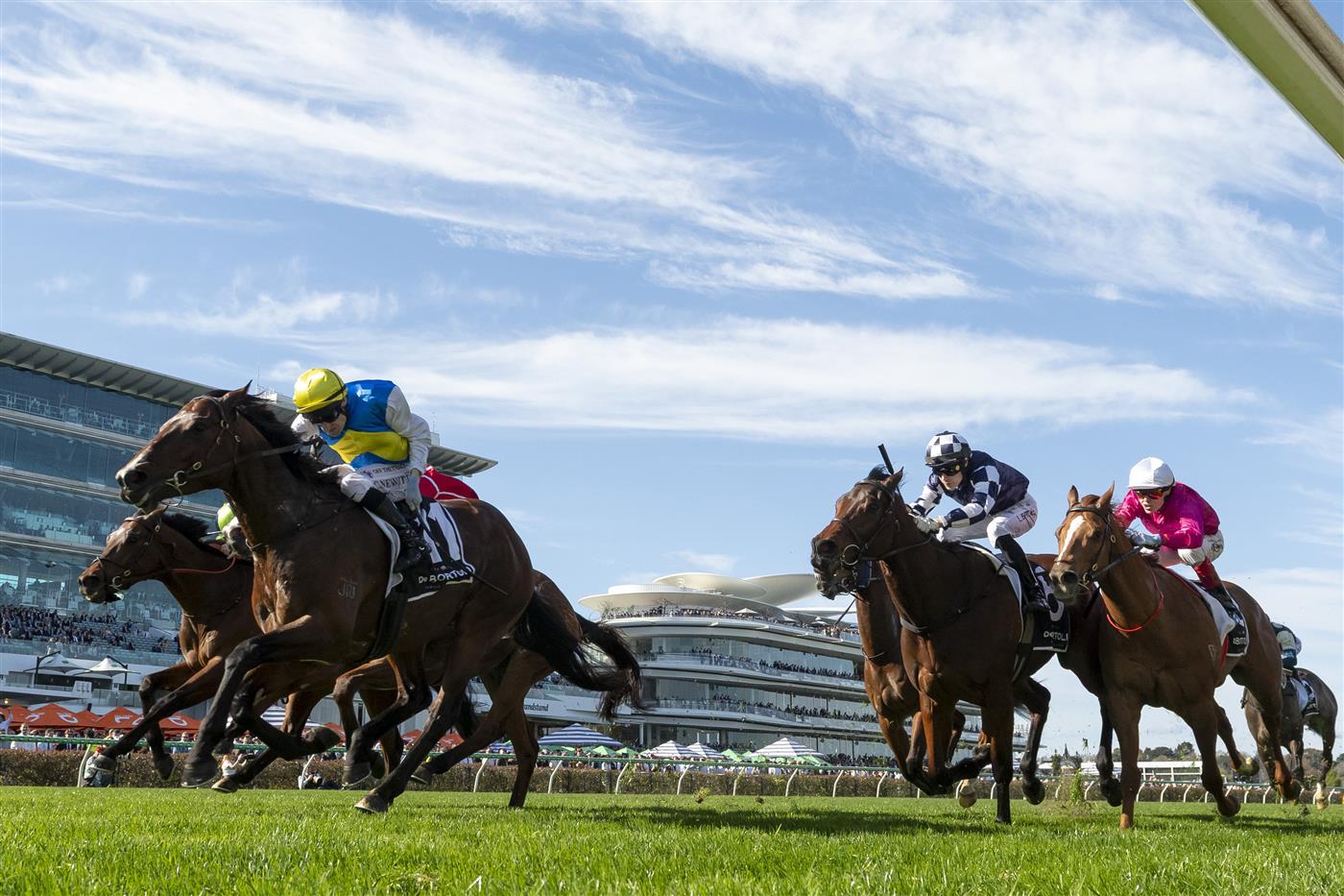 MELBOURNE, AUSTRALIA - SEPTEMBER 12: Craig Newitt riding Welcolmetotheshow winning race 6, the De Bortoli Tontonan Stakes during Melbourne Racing at Flemington Racecourse on September 12, 2026 in Melbourne, Australia. (Photo by Vince Caligiuri/Getty Images)