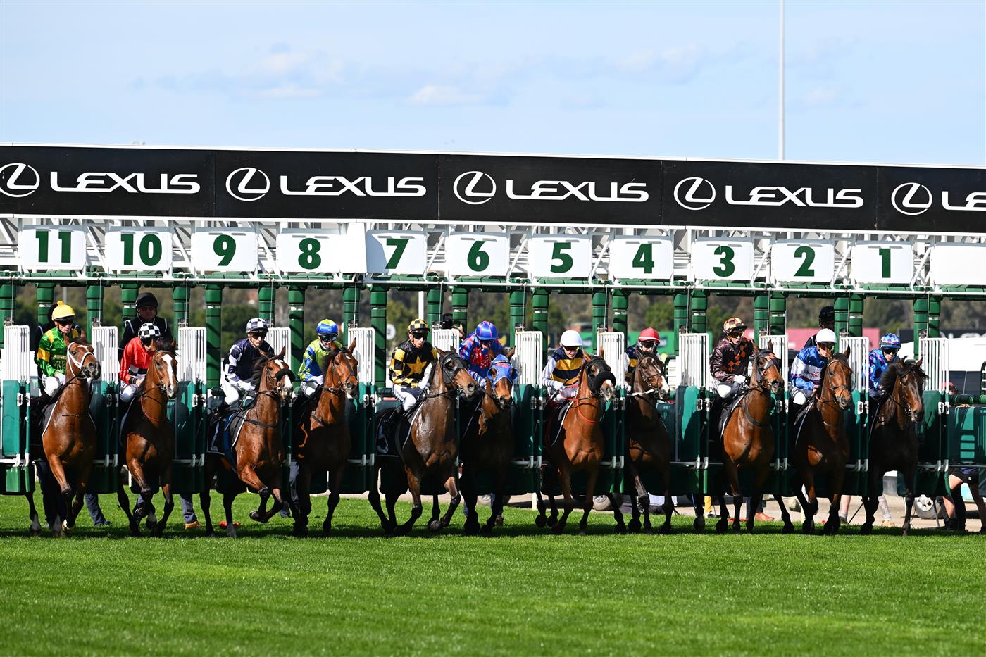 MELBOURNE, AUSTRALIA - SEPTEMBER 12: Harry Coffey riding Shockletz out of barrier three before winning race 5, the Lexus Archer Stakes during Melbourne Racing at Flemington Racecourse on September 12, 2026 in Melbourne, Australia. (Photo by Vince Caligiuri/Getty Images)
