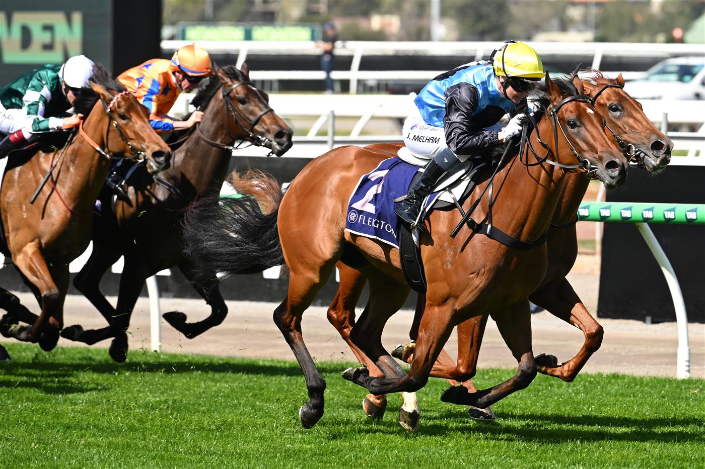 MELBOURNE, AUSTRALIA - SEPTEMBER 12: Jamie Melham riding Satono Glow winning race 3, the Cap D'Antibes Stakes during Melbourne Racing at Flemington Racecourse on September 12, 2026 in Melbourne, Australia. (Getty)