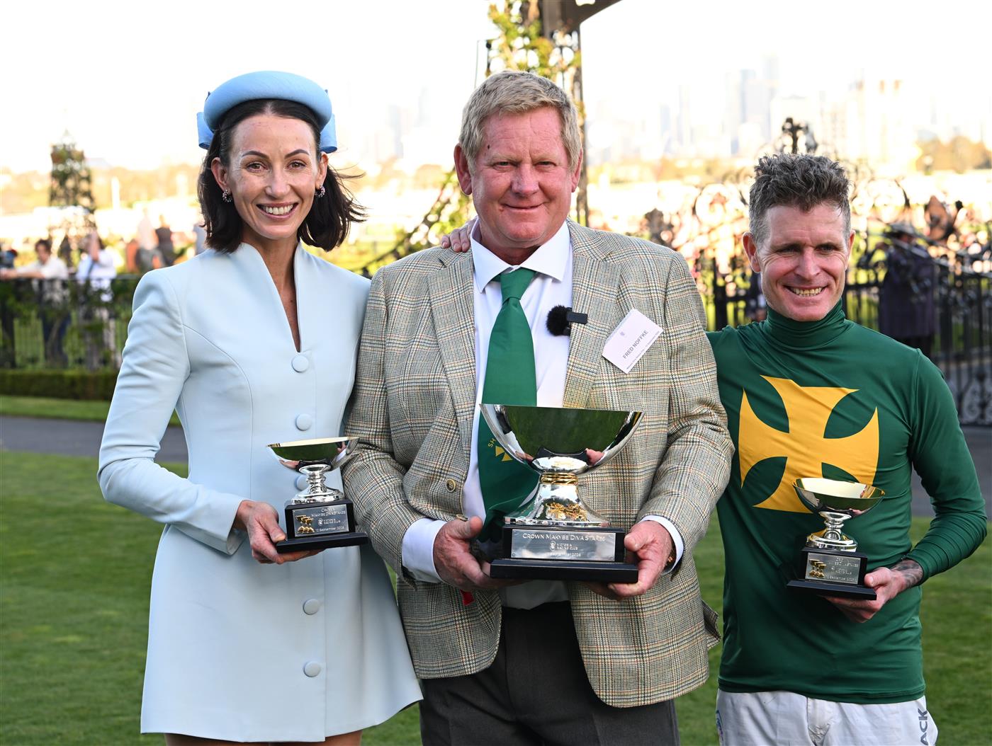 MELBOURNE, AUSTRALIA - SEPTEMBER 12: Owner Fred Noffke poses with Luke Nolen and trainer Katherine Coleman after Sheza Alibi won race 8, the Crown Makybe Diva Stakes during Melbourne Racing at Flemington Racecourse on September 12, 2026 in Melbourne, Australia. (Photo by Vince Caligiuri/Getty Images)