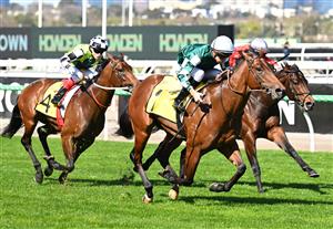 MELBOURNE, AUSTRALIA - SEPTEMBER 12: Jason Collett riding Paradoxium winning race 4, the Schweppes Poseidon Stakes during Melbourne Racing at Flemington Racecourse on September 12, 2026 in Melbourne, Australia. (Photo by Vince Caligiuri/Getty Images)