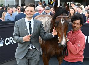 MELBOURNE, AUSTRALIA - SEPTEMBER 12: Trainer Tyler Donaldson-Aitken (L) poses with Welcolmetotheshow after winning race 6, the De Bortoli Tontonan Stakes during Melbourne Racing at Flemington Racecourse on September 12, 2026 in Melbourne, Australia. (Photo by Vince Caligiuri/Getty Images)