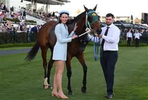 MELBOURNE, AUSTRALIA - SEPTEMBER 12: Co trainer Katherine Coleman poses with Sheza Alibi after winning race 8, the Crown Makybe Diva Stakes during Melbourne Racing at Flemington Racecourse on September 12, 2026 in Melbourne, Australia. (Photo by Vince Caligiuri/Getty Images)