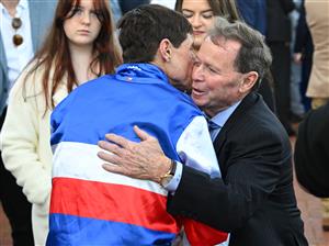 MELBOURNE, AUSTRALIA - SEPTEMBER 12: Craig Williams is congratulated by father Allan Williams after riding Losesomewinmore in race 7, the Bobbie Lewis Quality during Melbourne Racing at Flemington Racecourse on September 12, 2026. (Getty)