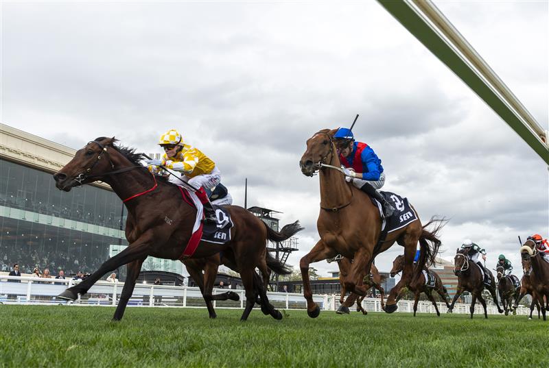 MELBOURNE, AUSTRALIA - SEPTEMBER 20: Craig Williams riding Sir Delius defeats Blake Shinn riding Buckaroo and Jordan Childs riding Golden Path (r) in Race 7, the Sen Underwood Stakes during Melbourne Racing at Caulfield Racecourse on September 20, 2025 in Melbourne, Australia. (Photo by Vince Caligiuri/Getty Images)
