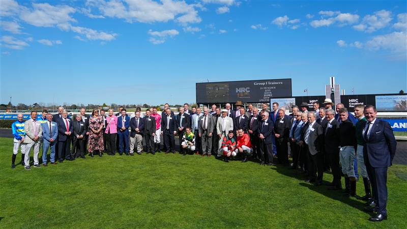 MELBOURNE, AUSTRALIA - SEPTEMBER 19: Group One winning trainers and jockeys pose for a photo after receiving a life membership to the MRC during a ceremony during Melbourne Racing at Caulfield Racecourse on September 19, 2026 in Melbourne, Australia. (Photo by Vince Caligiuri/Getty Images)