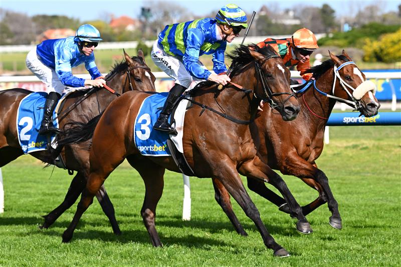 MELBOURNE, AUSTRALIA - SEPTEMBER 19: Mark Zahra riding Point Barrow defeats Ben Melham riding Bridal Waltz in race 6, the Sportsbet How Now Stakes during Melbourne Racing at Caulfield Racecourse on September 19, 2026 in Melbourne, Australia. (Photo by Vince Caligiuri/Getty Images)
