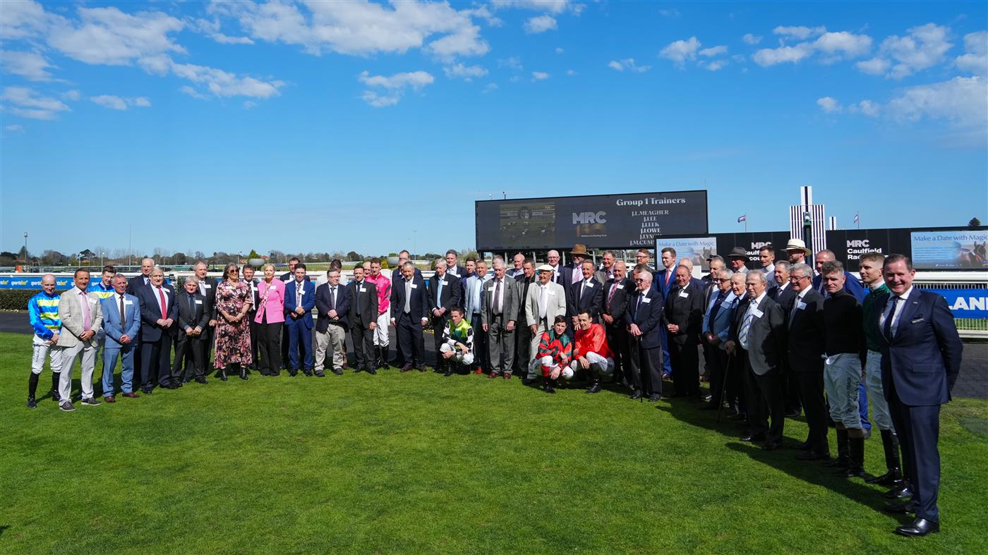 MELBOURNE, AUSTRALIA - SEPTEMBER 19: Group One winning trainers and jockeys pose for a photo after receiving a life membership to the MRC during a ceremony during Melbourne Racing at Caulfield Racecourse on September 19, 2026 in Melbourne, Australia. (Photo by Vince Caligiuri/Getty Images)