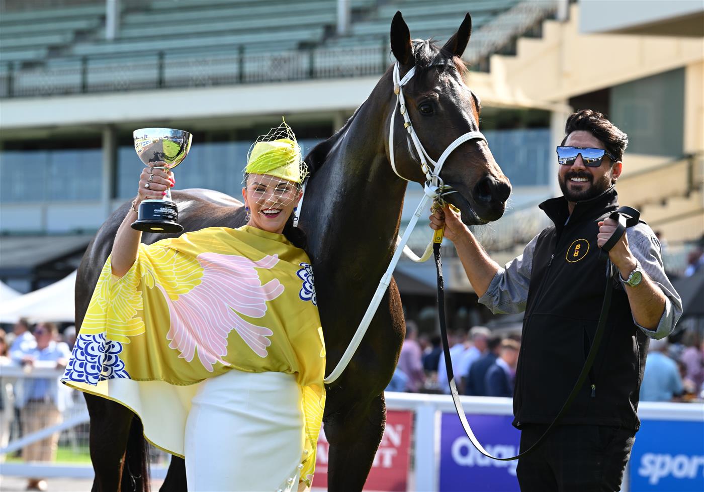 MELBOURNE, AUSTRALIA - SEPTEMBER 19: Trainer Natalie Young poses with Blind Raise after winning race 5, the Sportsbet Caulfield Guineas Prelude during Melbourne Racing at Caulfield Racecourse on September 19, 2026 in Melbourne, Australia. (Photo by Vince Caligiuri/Getty Images)