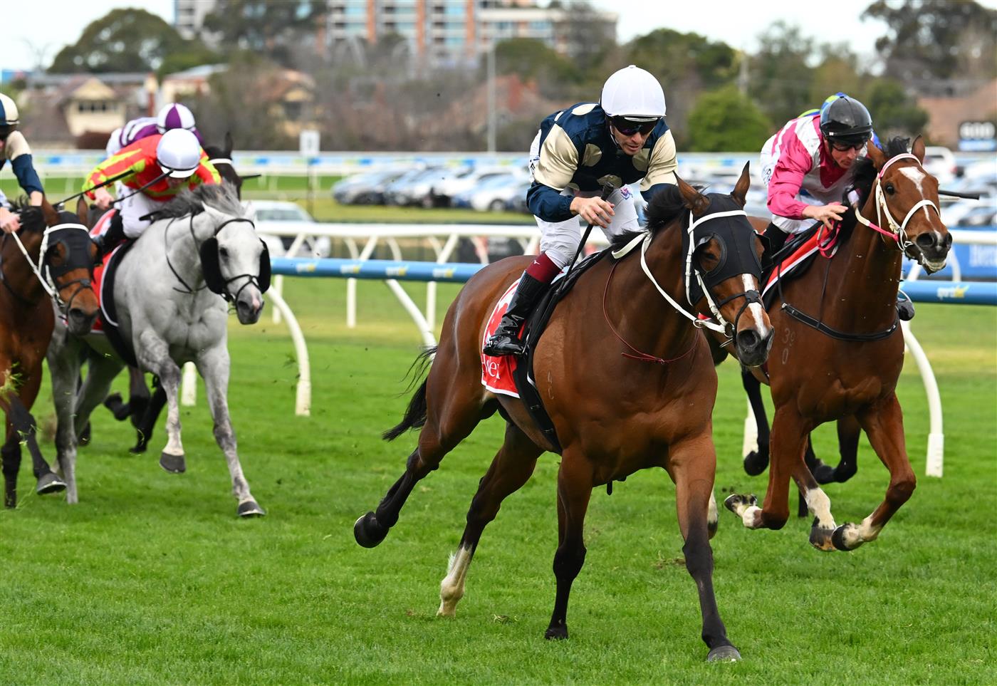 MELBOURNE, AUSTRALIA - SEPTEMBER 19: Ben Melham riding Birdman defeats William Pike riding Cosmic Crusader in race 7, the Henley Homes Underwood Stakes during Melbourne Racing at Caulfield Racecourse on September 19, 2026 in Melbourne, Australia. (Photo by Vince Caligiuri/Getty Images)