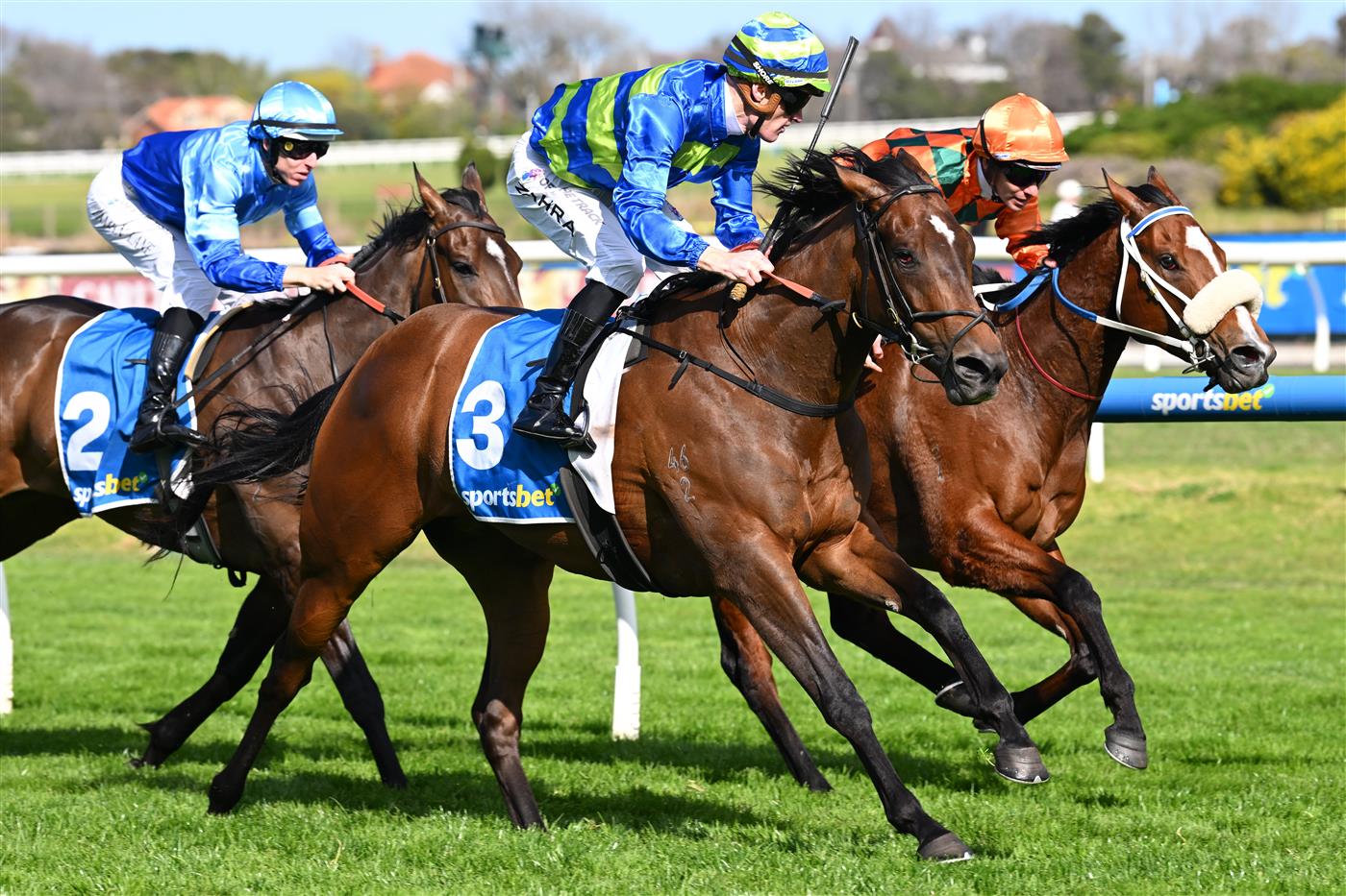 MELBOURNE, AUSTRALIA - SEPTEMBER 19: Mark Zahra riding Point Barrow defeats Ben Melham riding Bridal Waltz in race 6, the Sportsbet How Now Stakes during Melbourne Racing at Caulfield Racecourse on September 19, 2026 in Melbourne, Australia. (Photo by Vince Caligiuri/Getty Images)