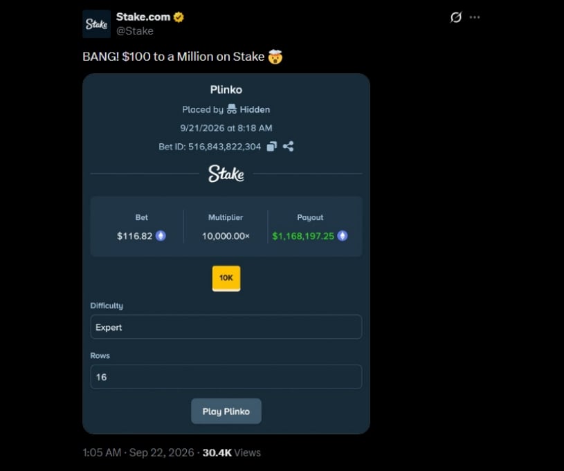 Twitter Stake 1M Plinko Win