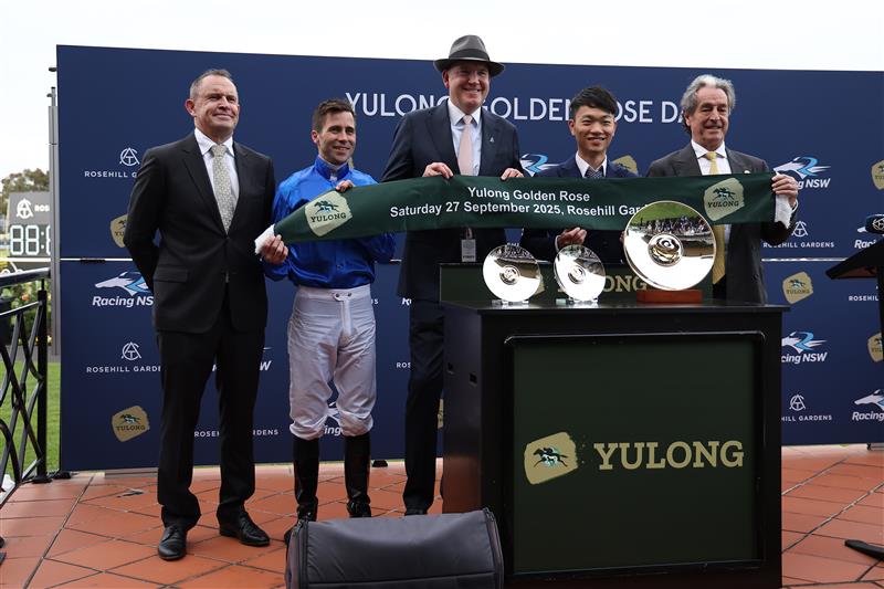 SYDNEY, AUSTRALIA - SEPTEMBER 27: Adam Hyeronimus  riding Beiwacht win Race 8 Yulong Golden Rose during Sydney Racing at Rosehill Gardens on September 27, 2025 in Sydney, Australia. (Photo by Jeremy Ng/Getty Images)