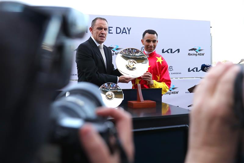 SYDNEY, AUSTRALIA - SEPTEMBER 23: Joao Moreira riding Militarize wins Race 8 KIA Golden Rose during "Kia Golden Rose Day" - Sydney Racing at Rosehill Gardens on September 23, 2023 in Sydney, Australia. (Photo by Jeremy Ng/Getty Images)
