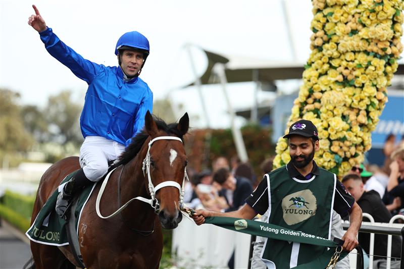 SYDNEY, AUSTRALIA - SEPTEMBER 27: Adam Hyeronimus  riding Beiwacht win Race 8 Yulong Golden Rose during Sydney Racing at Rosehill Gardens on September 27, 2025 in Sydney, Australia. (Photo by Jeremy Ng/Getty Images)