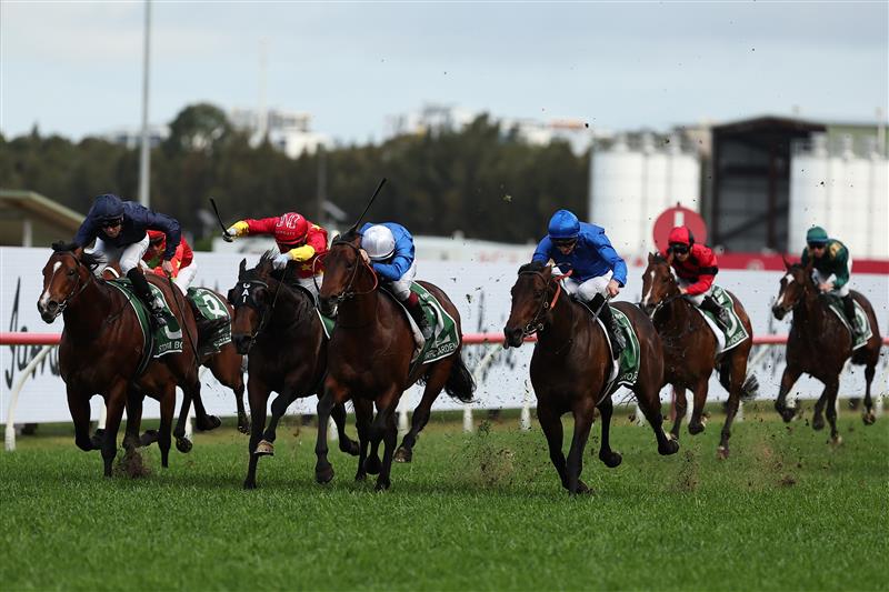 SYDNEY, AUSTRALIA - SEPTEMBER 28: James McDonald riding Broadsiding wins Race 8 James Squire Golden Rose during "Golden Rose Day" Sydney Racing at Rosehill Gardens on September 28, 2024 in Sydney, Australia. (Photo by Jeremy Ng/Getty Images)