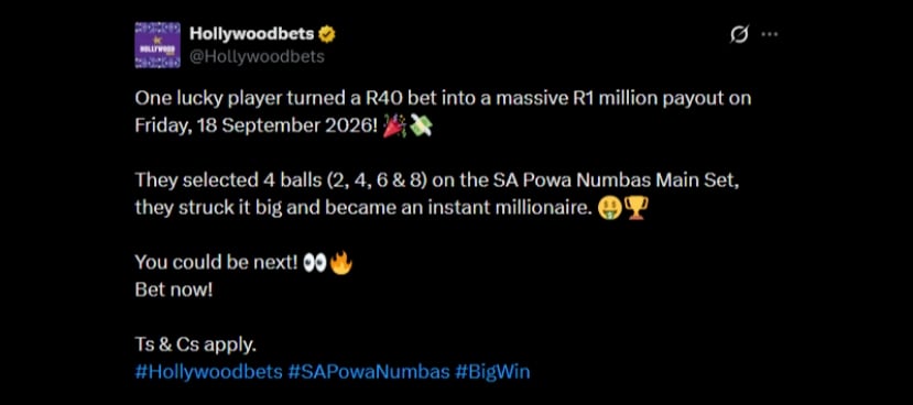 Twitter Hollywoodbets 1M Lucky Numbers Win Twitter Hollywoodbets 1M Lucky Numbers Win