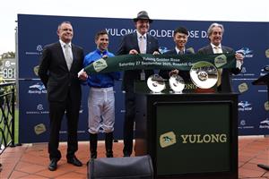 SYDNEY, AUSTRALIA - SEPTEMBER 27: Adam Hyeronimus  riding Beiwacht win Race 8 Yulong Golden Rose during Sydney Racing at Rosehill Gardens on September 27, 2025 in Sydney, Australia. (Photo by Jeremy Ng/Getty Images)