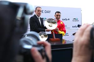 SYDNEY, AUSTRALIA - SEPTEMBER 23: Joao Moreira riding Militarize wins Race 8 KIA Golden Rose during "Kia Golden Rose Day" - Sydney Racing at Rosehill Gardens on September 23, 2023 in Sydney, Australia. (Photo by Jeremy Ng/Getty Images)