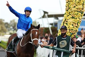 SYDNEY, AUSTRALIA - SEPTEMBER 27: Adam Hyeronimus  riding Beiwacht win Race 8 Yulong Golden Rose during Sydney Racing at Rosehill Gardens on September 27, 2025 in Sydney, Australia. (Photo by Jeremy Ng/Getty Images)
