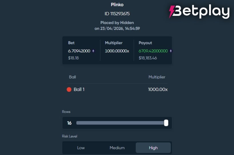 18K Betplay Plinko Max Win Screenshot