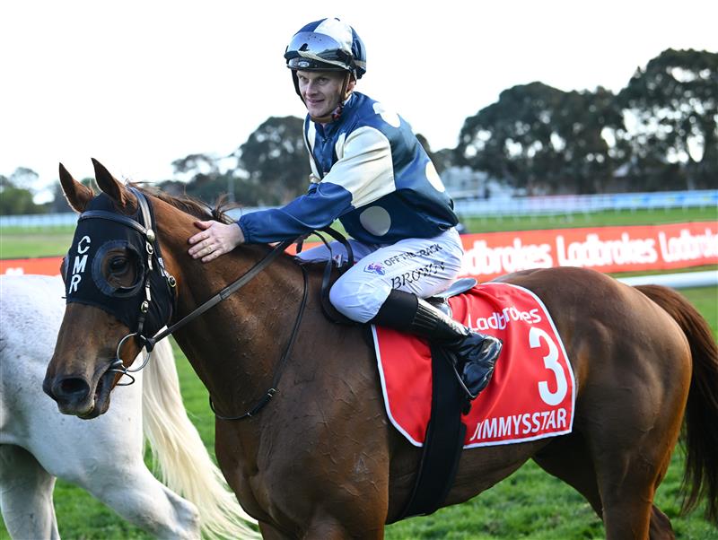 MELBOURNE, AUSTRALIA - SEPTEMBER 27: Ethan Brown riding  Jimmysstar after winning race 8, the Ladbrokes Manikato Stakes  during Melbourne Racing at Caulfield Racecourse on September 27, 2026 in Melbourne, Australia. (Photo by Vince Caligiuri/Getty Images)