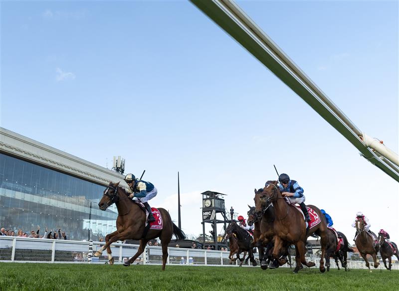 MELBOURNE, AUSTRALIA - SEPTEMBER 27: Ethan Brown riding  Jimmysstar winning race 8, the Ladbrokes Manikato Stakes  during Melbourne Racing at Caulfield Racecourse on September 27, 2026 in Melbourne, Australia. (Photo by Vince Caligiuri/Getty Images)