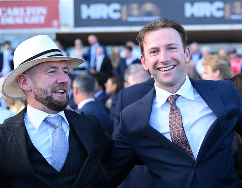MELBOURNE, AUSTRALIA - SEPTEMBER 27: Ciaron Maher and Jack Turnbull react after Jimmysstar won race 8, the Ladbrokes Manikato Stakes  during Melbourne Racing at Caulfield Racecourse on September 27, 2026 in Melbourne, Australia. (Photo by Vince Caligiuri/Getty Images)