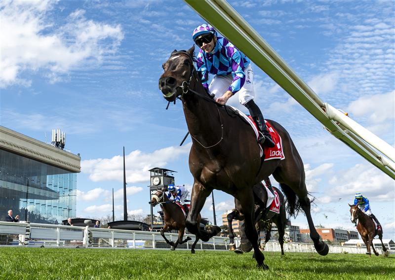 MELBOURNE, AUSTRALIA - SEPTEMBER 27: Declan Bates riding Pride of Jenni smiling on the line winning race 5, the Ladbrokes Feehan Stakes during Melbourne Racing at Caulfield Racecourse on September 27, 2026 in Melbourne, Australia. (Photo by Vince Caligiuri/Getty Images)