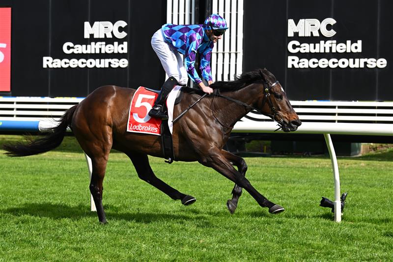 MELBOURNE, AUSTRALIA - SEPTEMBER 27: Declan Bates riding Pride of Jenni winning race 5, the Ladbrokes Feehan Stakes during Melbourne Racing at Caulfield Racecourse on September 27, 2026 in Melbourne, Australia. (Photo by Vince Caligiuri/Getty Images)