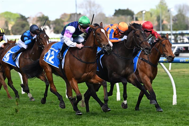 MELBOURNE, AUSTRALIA - SEPTEMBER 27: Mark Zahra riding Over The Bridge defeats I am Aria and Scintillation in race 4, the Dominant Scarborough Stakes during Melbourne Racing at Caulfield Racecourse on September 27, 2026 in Melbourne, Australia. (Photo by Vince Caligiuri/Getty Images)