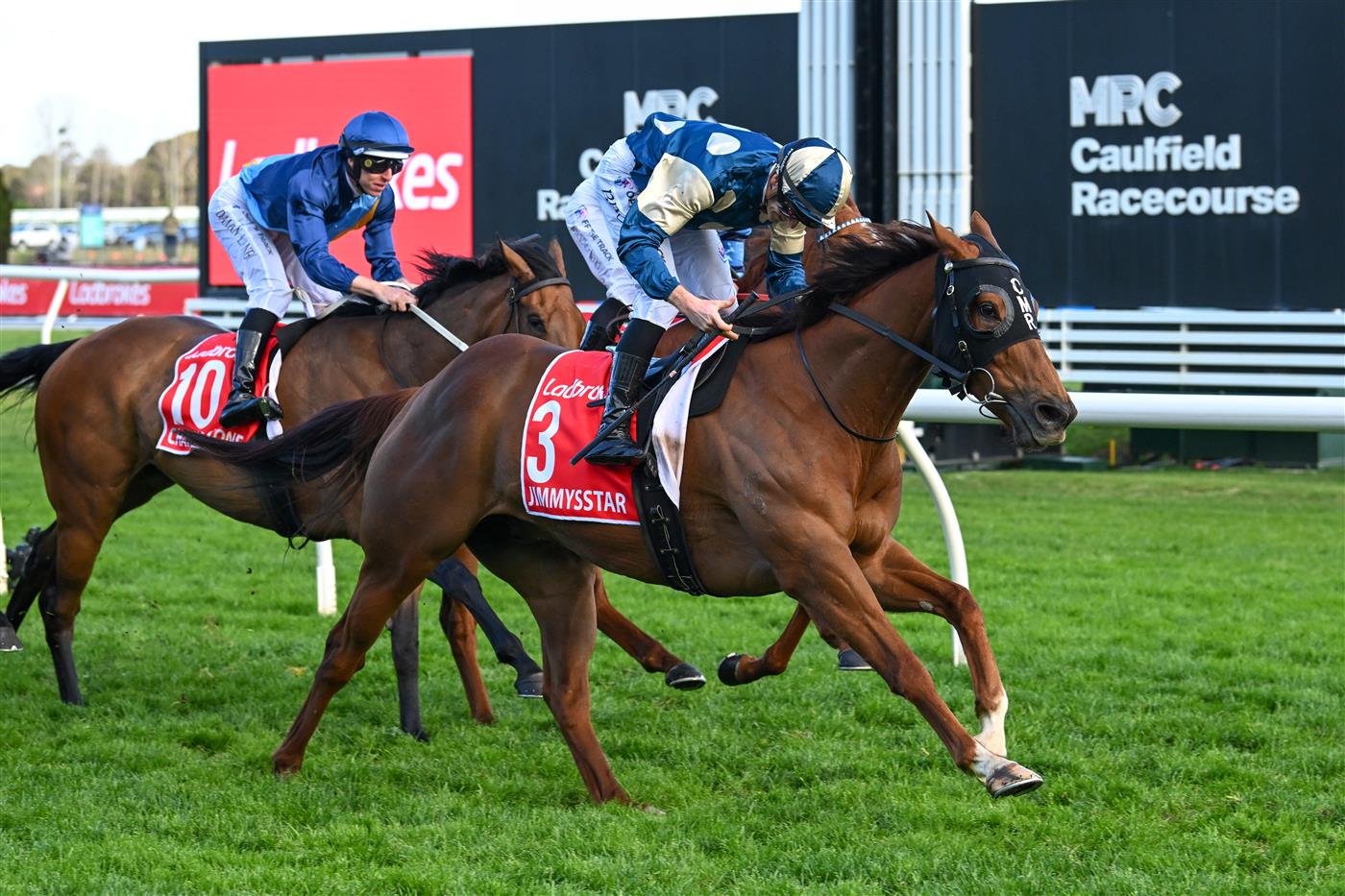 MELBOURNE, AUSTRALIA - SEPTEMBER 27: Ethan Brown riding  Jimmysstar winning race 8, the Ladbrokes Manikato Stakes  during Melbourne Racing at Caulfield Racecourse on September 27, 2026 in Melbourne, Australia. (Photo by Vince Caligiuri/Getty Images)