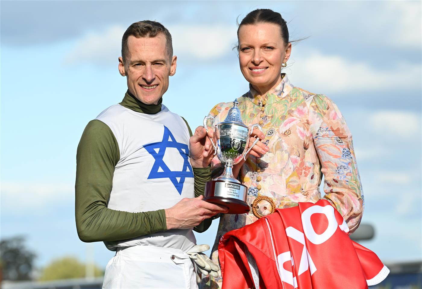 MELBOURNE, AUSTRALIA - SEPTEMBER 27: Blake Shinn poses with trainer Lucy Yeomans after riding Changing Colours to win race 7, the Ladbrokes Stocks Stakes  during Melbourne Racing at Caulfield Racecourse on September 27, 2026 in Melbourne, Australia. (Photo by Vince Caligiuri/Getty Images)