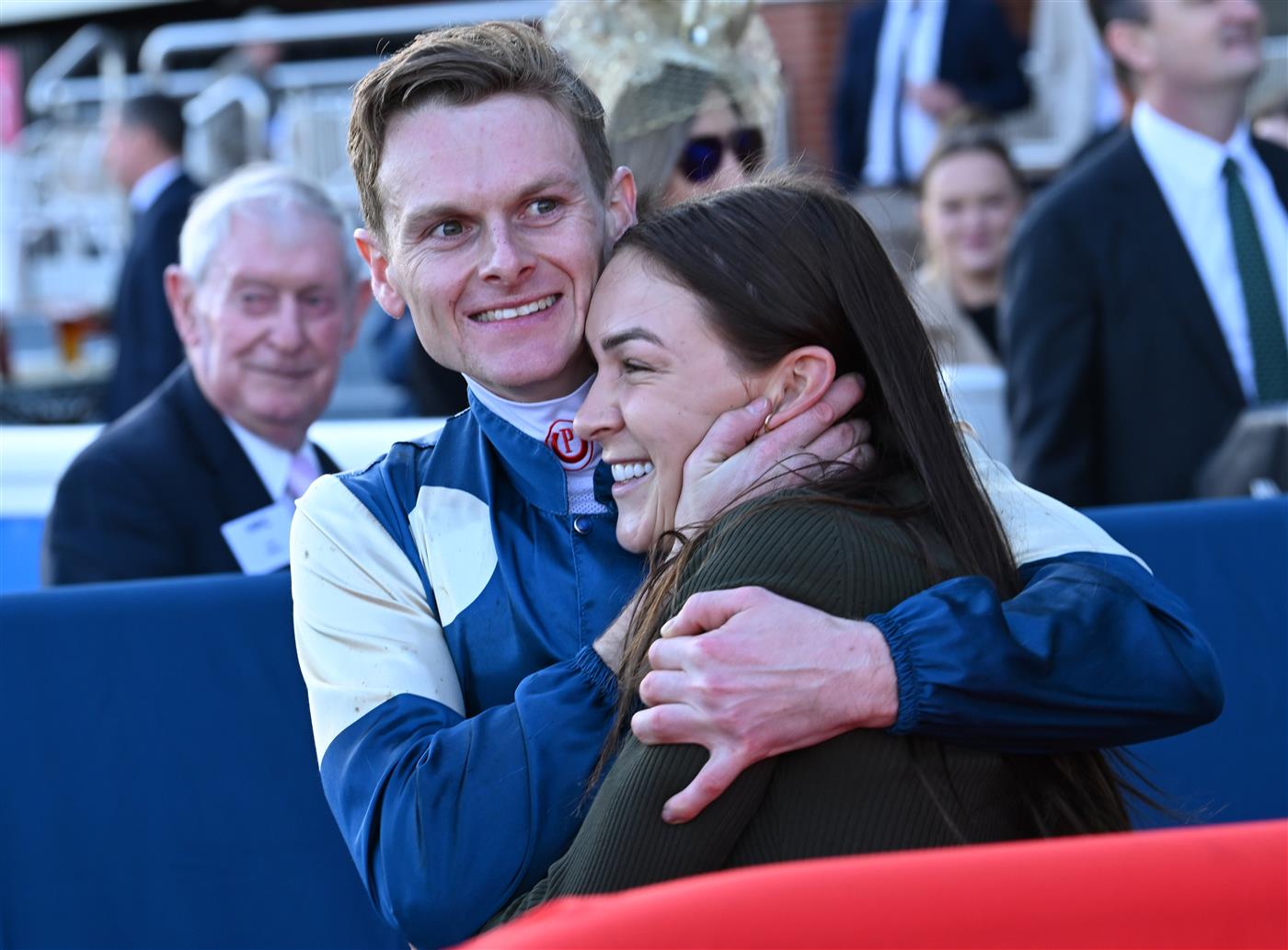 MELBOURNE, AUSTRALIA - SEPTEMBER 27: Ethan Brown  is congratulated by partner Celine Gaudray after riding Jimmysstar to win race 8, the Ladbrokes Manikato Stakes  during Melbourne Racing at Caulfield Racecourse on September 27, 2026 in Melbourne, Australia. (Photo by Vince Caligiuri/Getty Images)