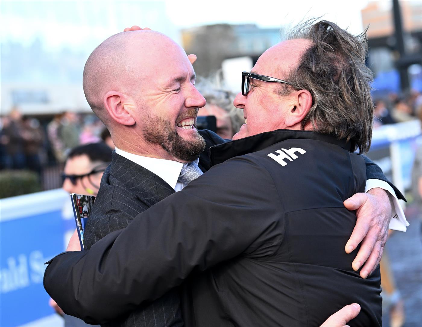 MELBOURNE, AUSTRALIA - SEPTEMBER 27: Trainer Ciaron Maher and part owner John O'Neil celebrate after Jimmysstar won the Group 1 Manikato Stakes. (Getty)