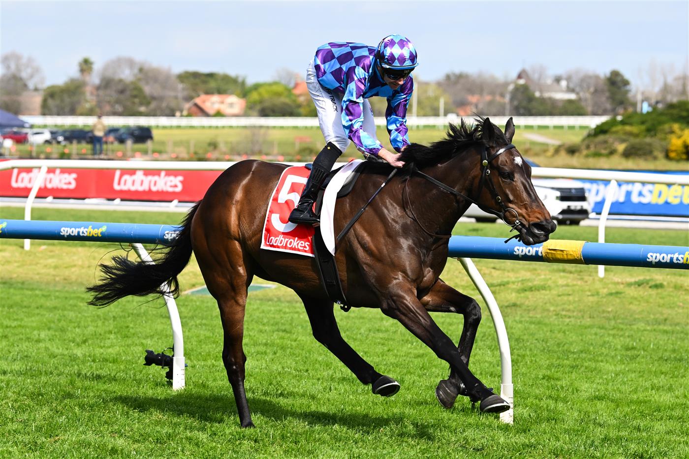 MELBOURNE, AUSTRALIA - SEPTEMBER 27: Declan Bates riding Pride of Jenni winning race 5, the Ladbrokes Feehan Stakes during Melbourne Racing at Caulfield Racecourse on September 27, 2026 in Melbourne, Australia. (Photo by Vince Caligiuri/Getty Images)