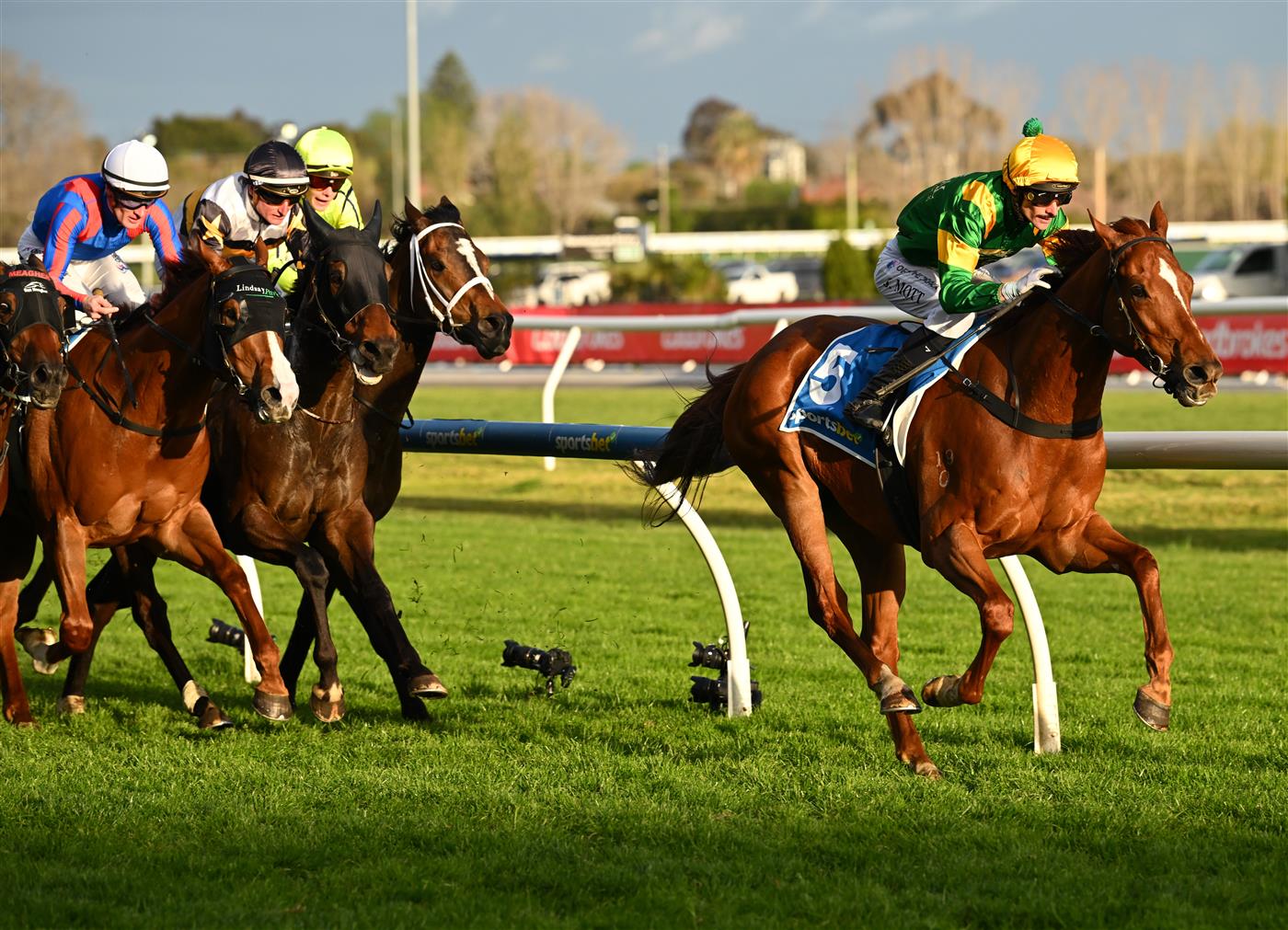 MELBOURNE, AUSTRALIA - SEPTEMBER 27: Jamie Mott riding Regal Zeus winning race 9, the Sportsbet Testa Rossa Stakes during Melbourne Racing at Caulfield Racecourse on September 27, 2026 in Melbourne, Australia. (Photo by Vince Caligiuri/Getty Images)