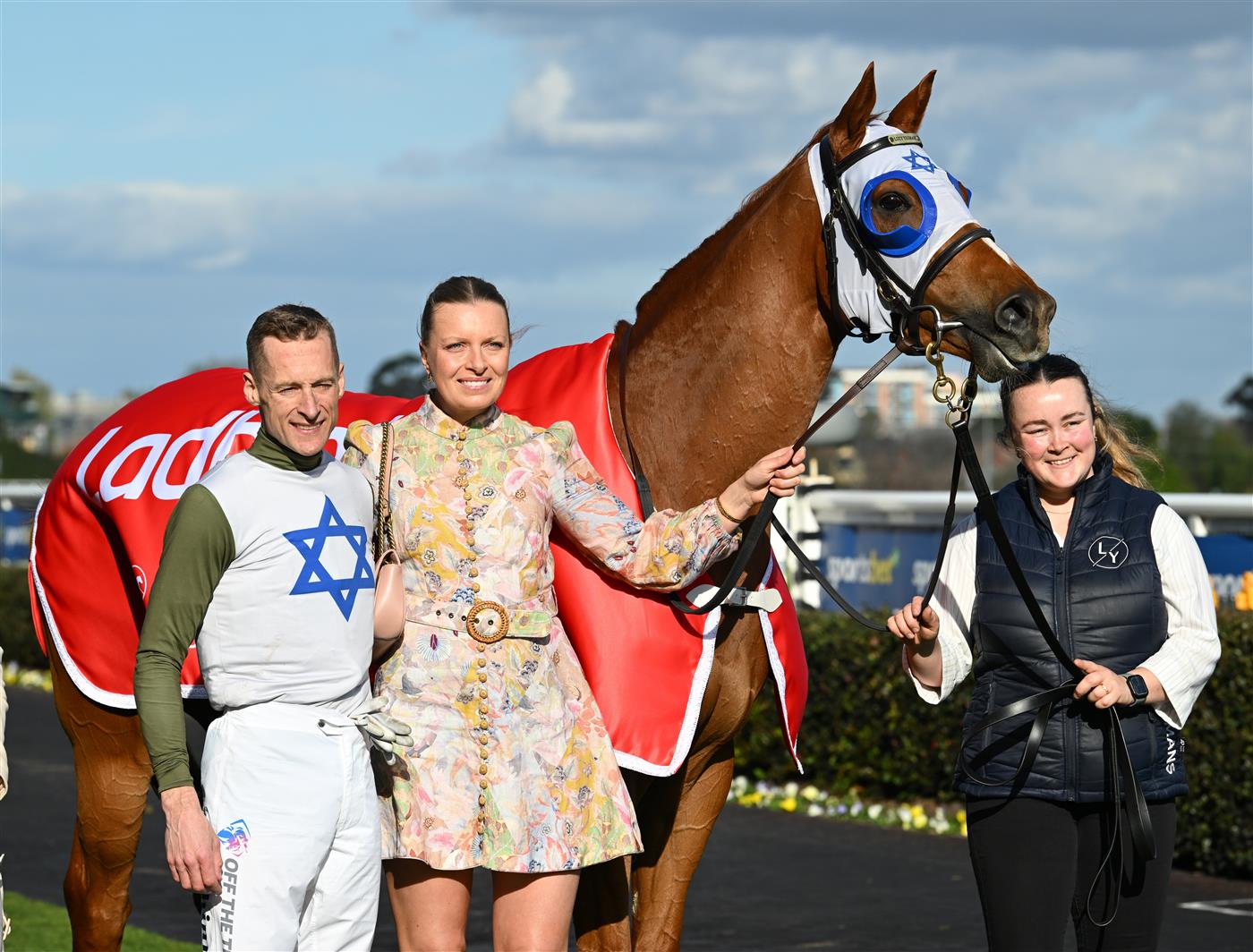 MELBOURNE, AUSTRALIA - SEPTEMBER 27: Blake Shinn poses with trainer Lucy Yeomans after riding Changing Colours to win race 7, the Ladbrokes Stocks Stakes  during Melbourne Racing at Caulfield Racecourse on September 27, 2026 in Melbourne, Australia. (Photo by Vince Caligiuri/Getty Images)