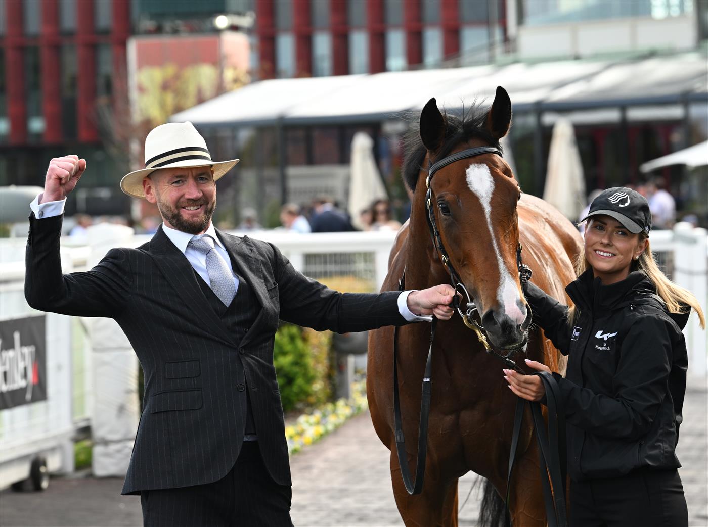 MELBOURNE, AUSTRALIA - SEPTEMBER 27: Trainer Ciaron Maher poses with Over The Bridge after winning race 4, the Dominant Scarborough Stakes during Melbourne Racing at Caulfield Racecourse on September 27, 2026 in Melbourne, Australia. (Photo by Vince Caligiuri/Getty Images)