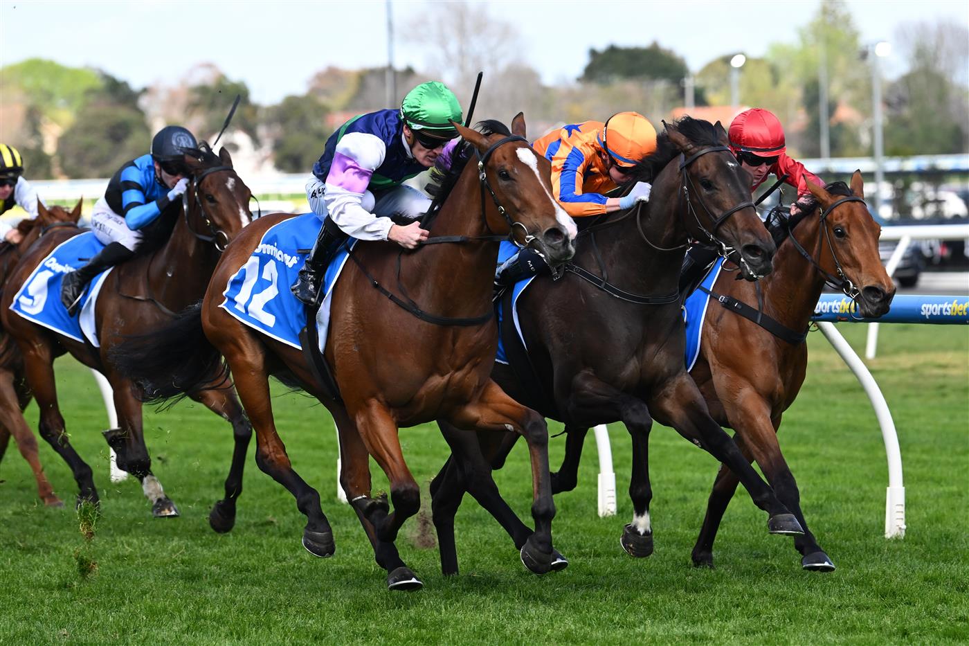 MELBOURNE, AUSTRALIA - SEPTEMBER 27: Mark Zahra riding Over The Bridge defeats I am Aria and Scintillation in race 4, the Dominant Scarborough Stakes during Melbourne Racing at Caulfield Racecourse on September 27, 2026 in Melbourne, Australia. (Photo by Vince Caligiuri/Getty Images)
