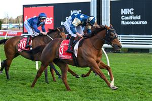 MELBOURNE, AUSTRALIA - SEPTEMBER 27: Ethan Brown riding  Jimmysstar winning race 8, the Ladbrokes Manikato Stakes  during Melbourne Racing at Caulfield Racecourse on September 27, 2026 in Melbourne, Australia. (Photo by Vince Caligiuri/Getty Images)