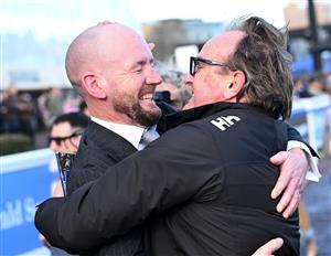 MELBOURNE, AUSTRALIA - SEPTEMBER 27: Trainer Ciaron Maher and part owner John O'Neil celebrate after Jimmysstar won the Group 1 Manikato Stakes. (Getty)